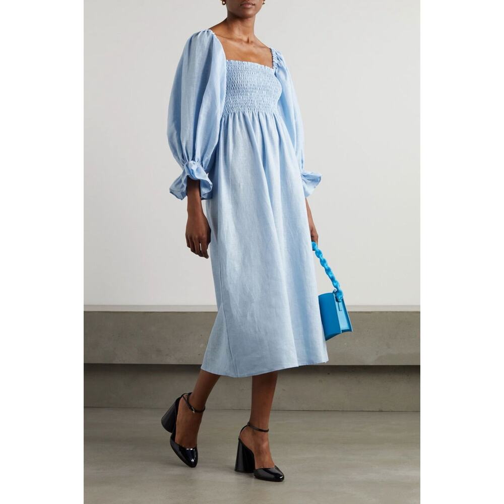 Luna Linen Smocked Puff Sleeve Midi Dress Light Blue XS